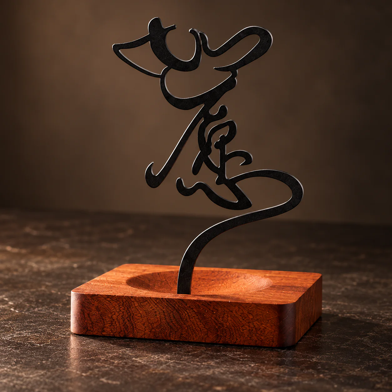 Calligraphy Metal Standing Incense Holder showing black metal and wood grain detail