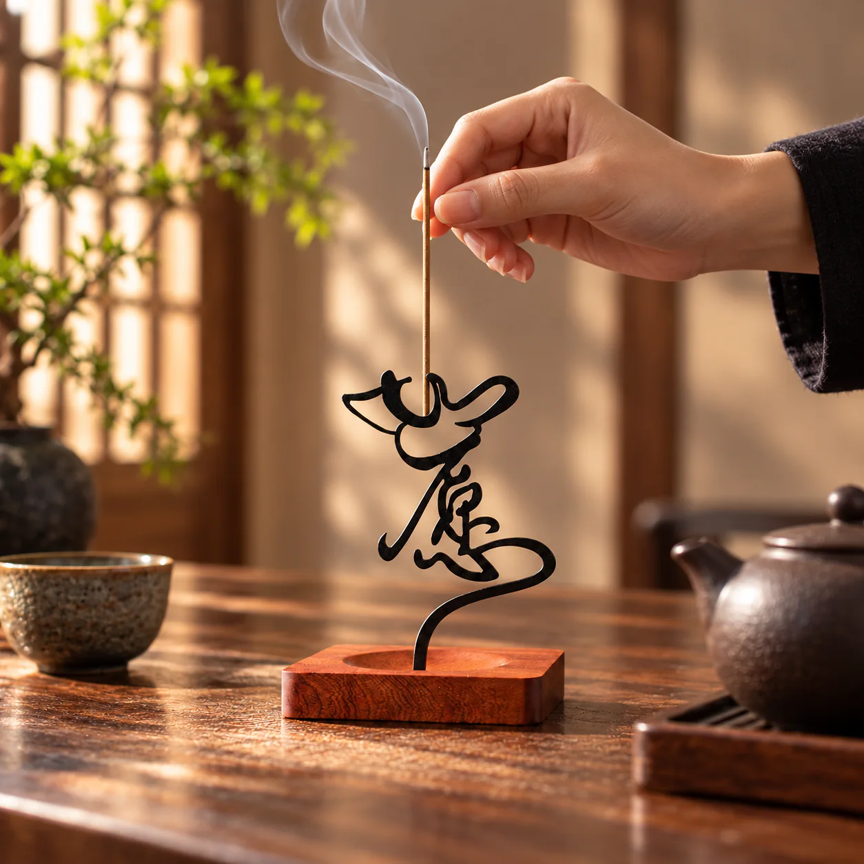 Calligraphy Metal Standing Incense Holder in a calm tea-table ritual