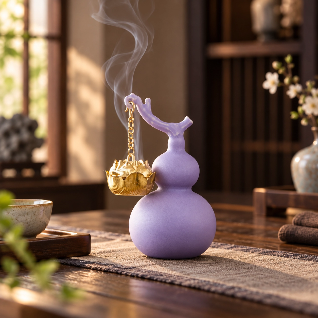 Purple Gourd Hanging Incense Burner in a calm tea-table setting