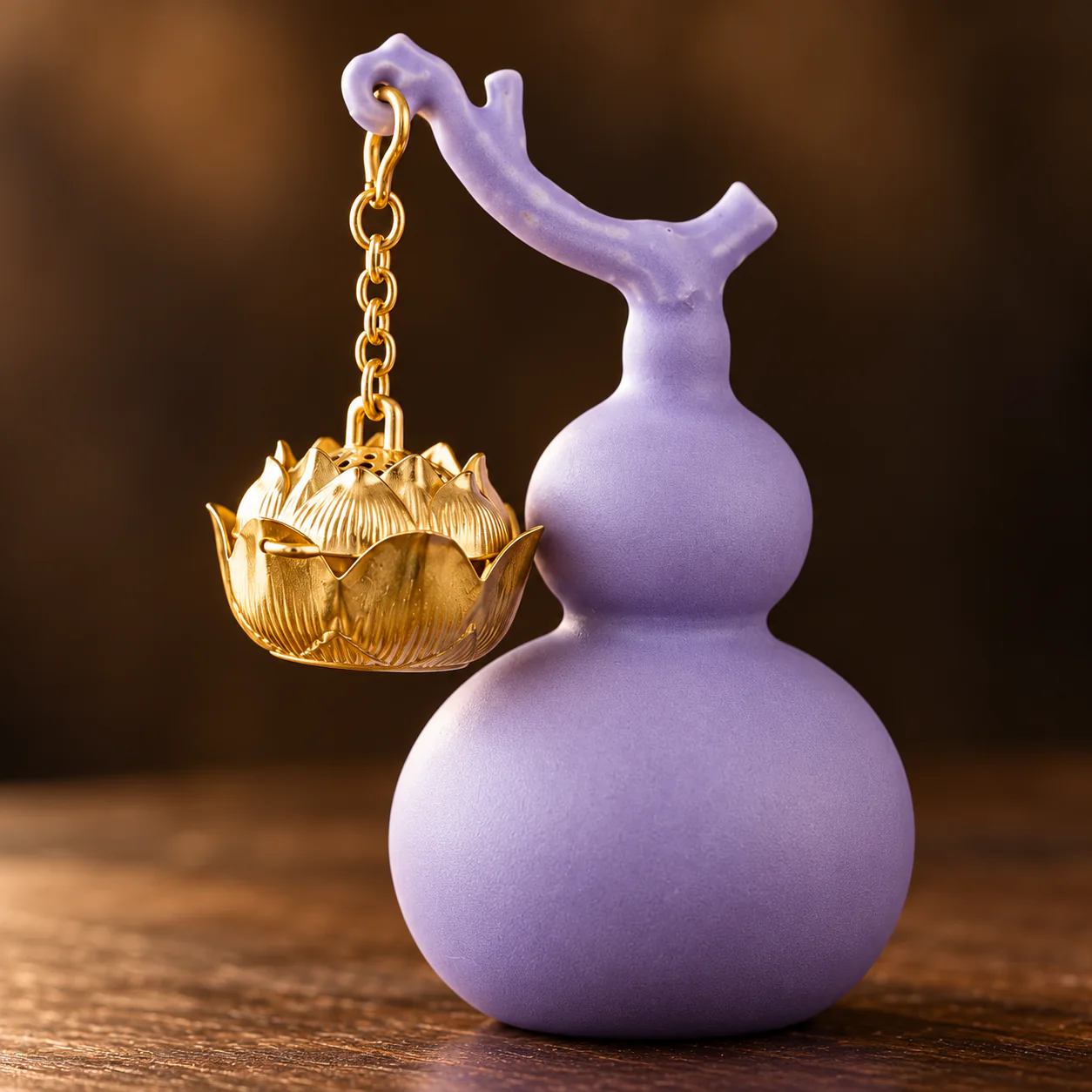 Purple Gourd Hanging Incense Burner showing the lotus cup and chain detail