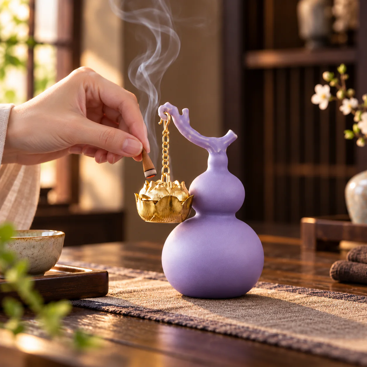 Purple Gourd Hanging Incense Burner in a calm tea-table ritual