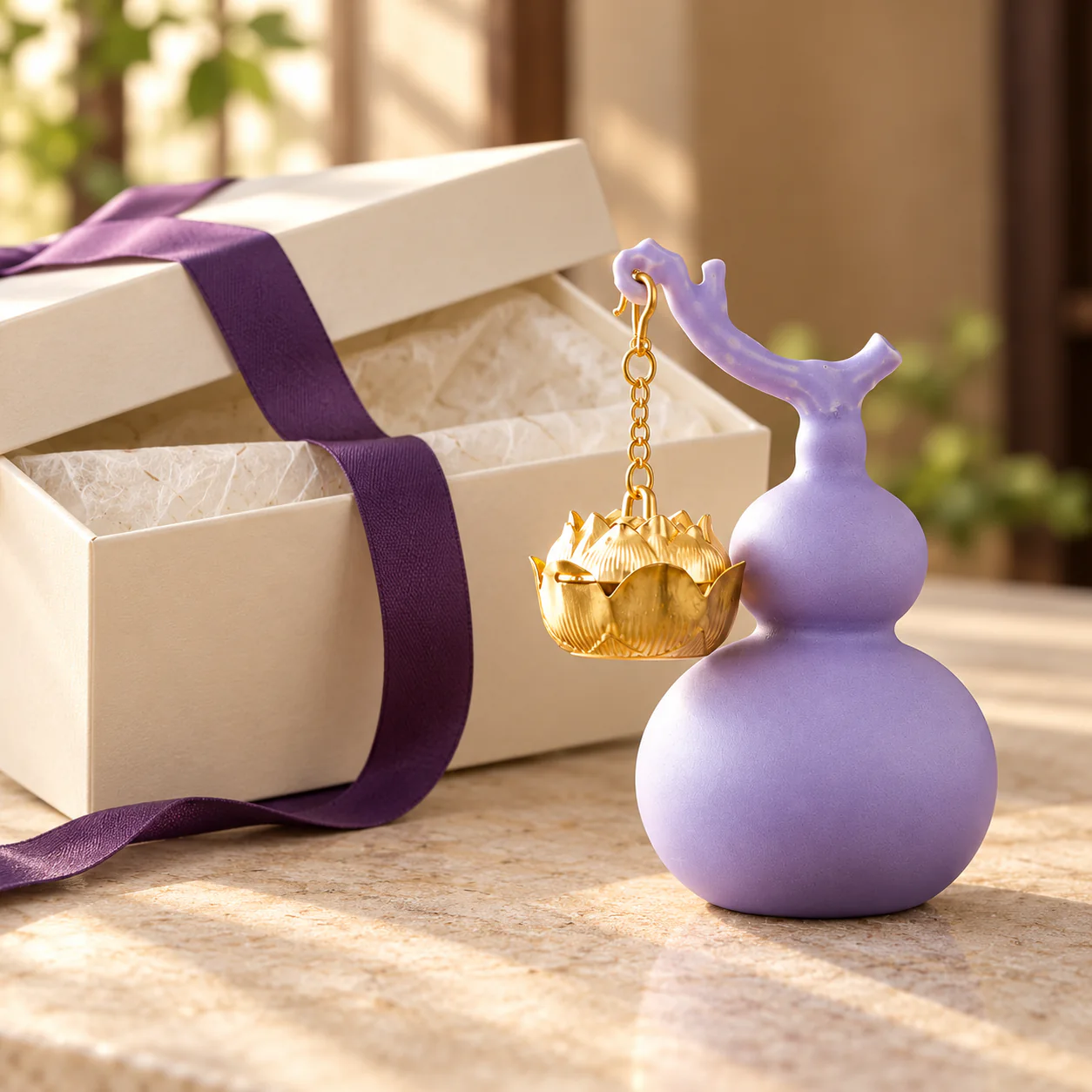 Purple Gourd Hanging Incense Burner presented for elegant gifting