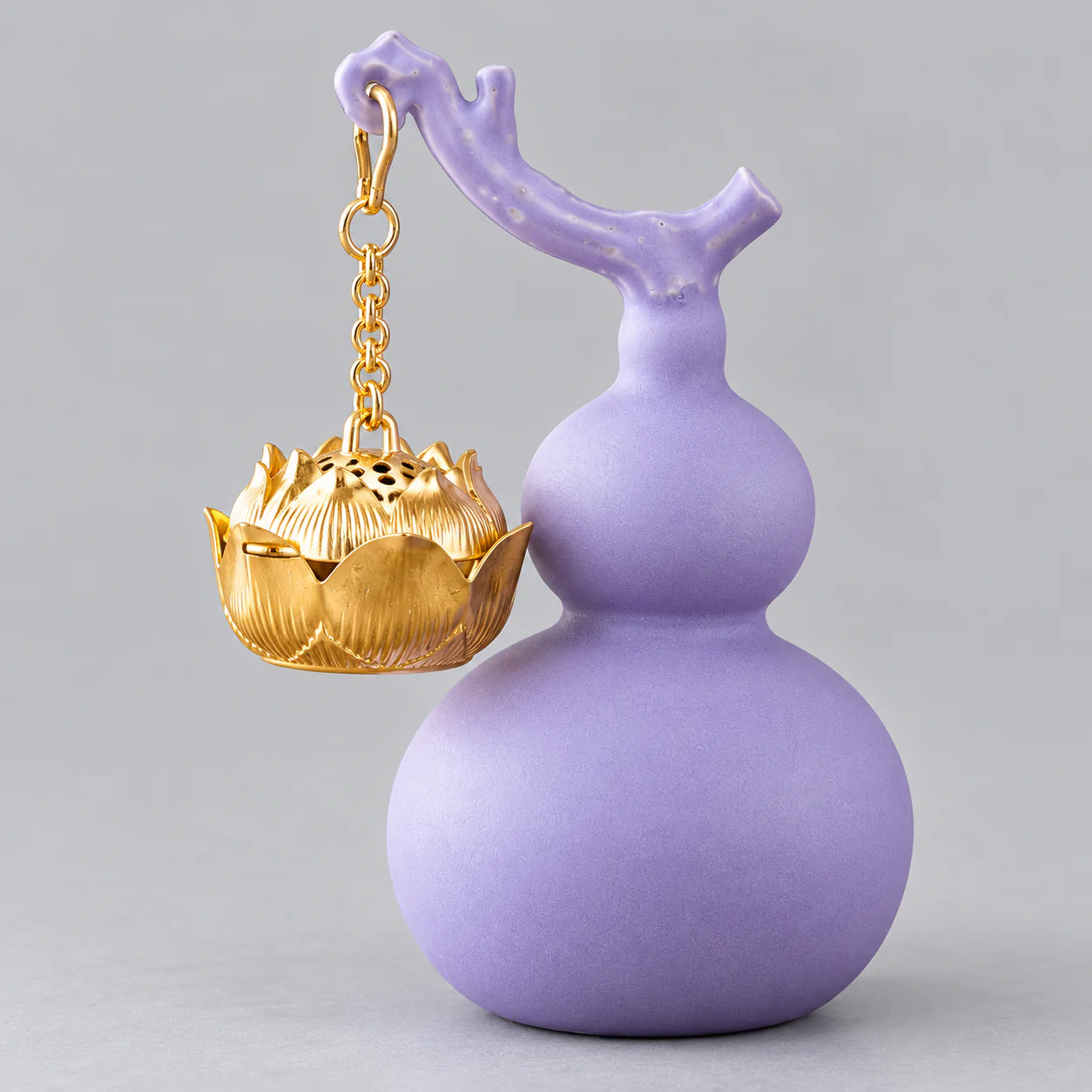 Purple Gourd Hanging Incense Burner showing its sculptural stand and suspended cup