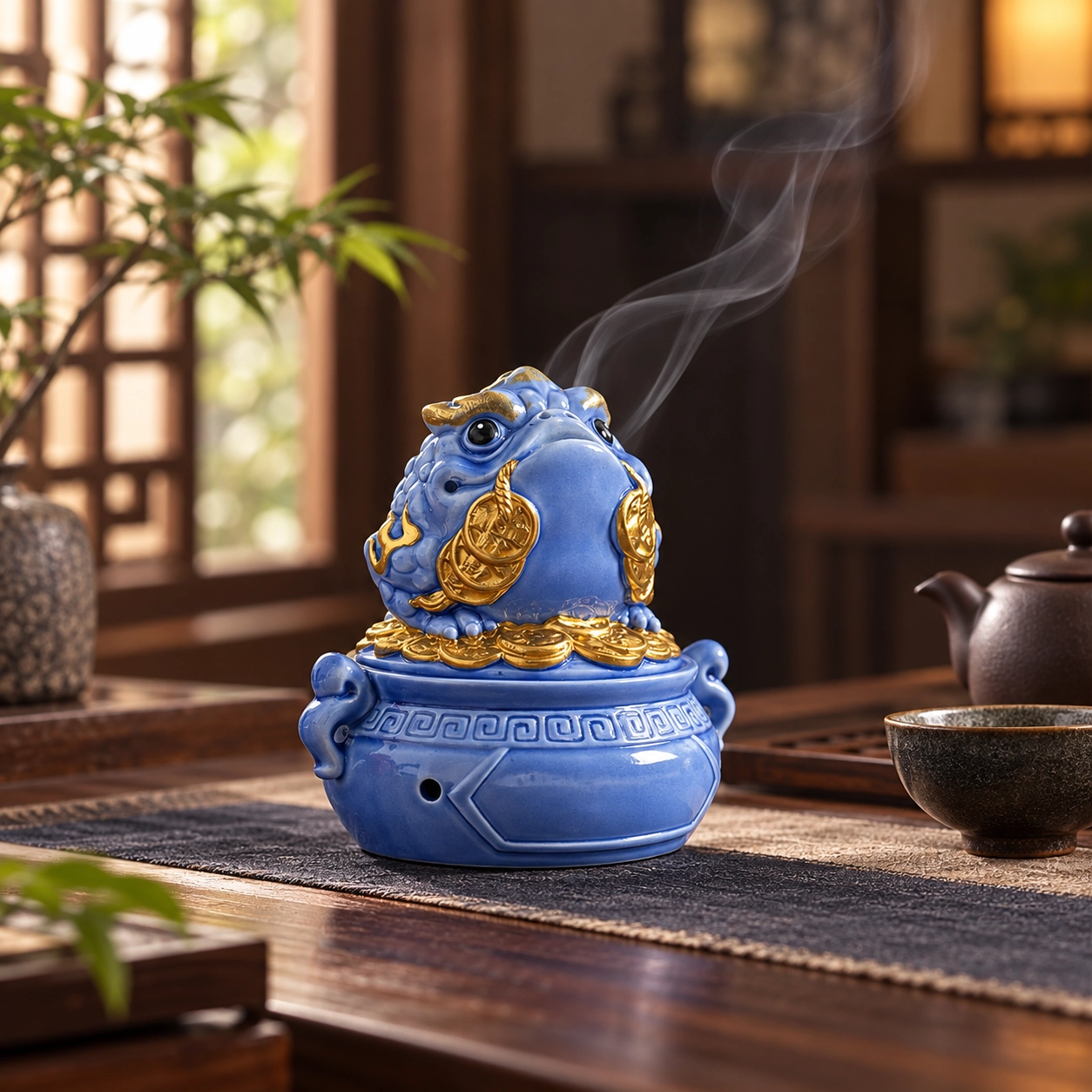 Three-Legged Toad Ceramic Coil Incense Burner in a calm tea-table setting
