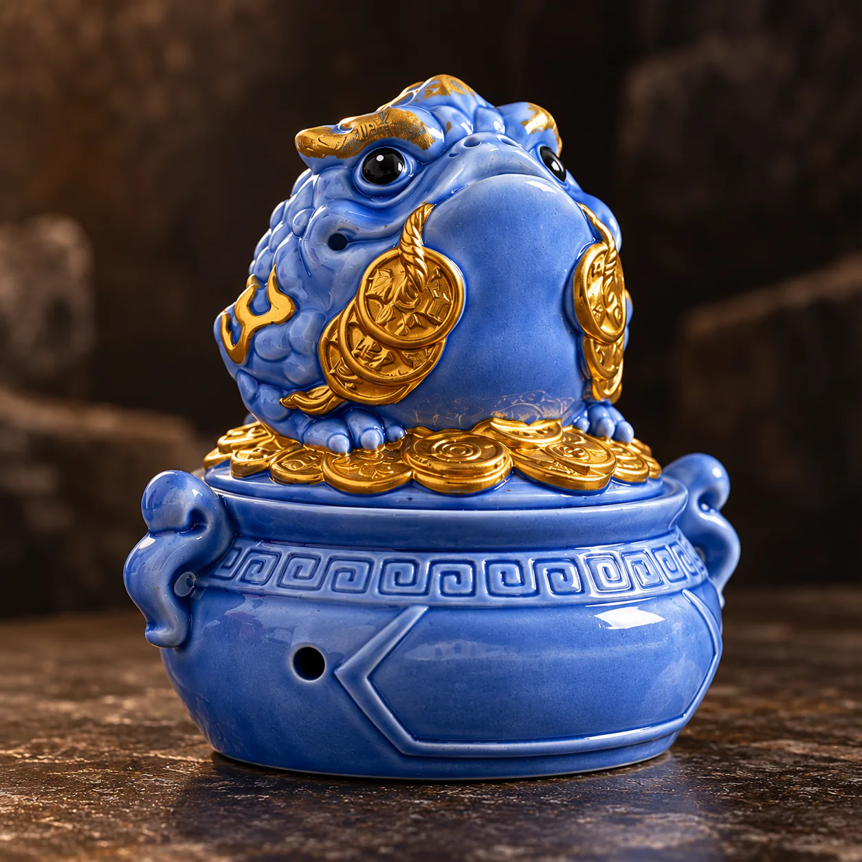 Three-Legged Toad Ceramic Coil Incense Burner showing glossy ceramic and gold relief detail
