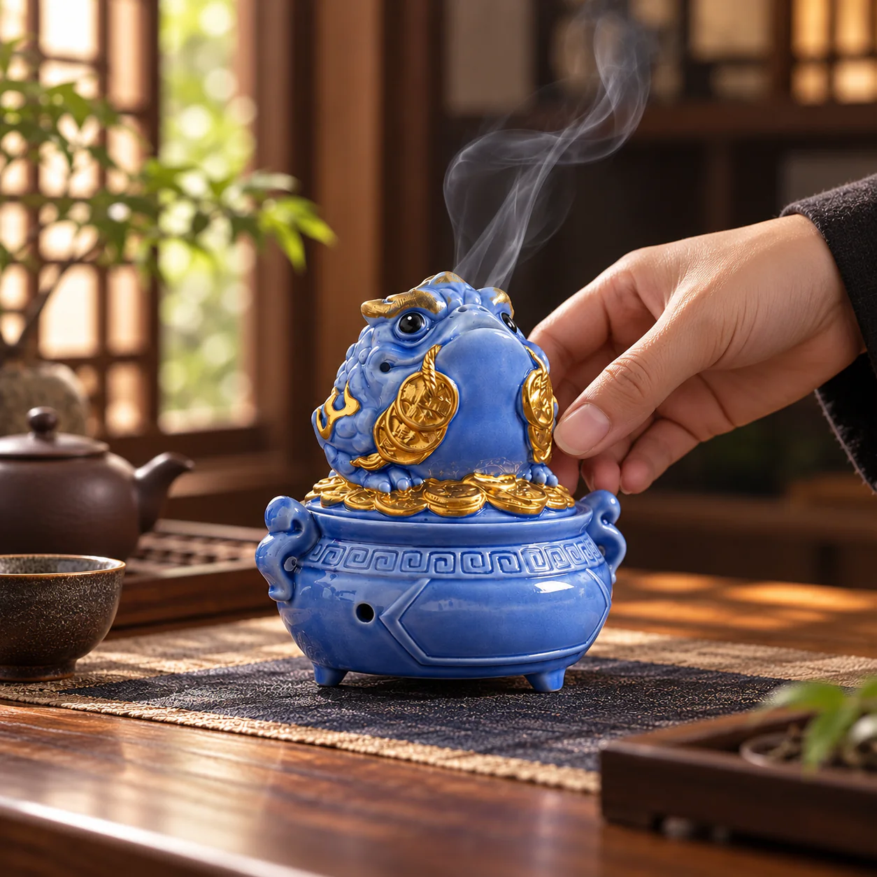 Three-Legged Toad Ceramic Coil Incense Burner in a refined tea-table setting