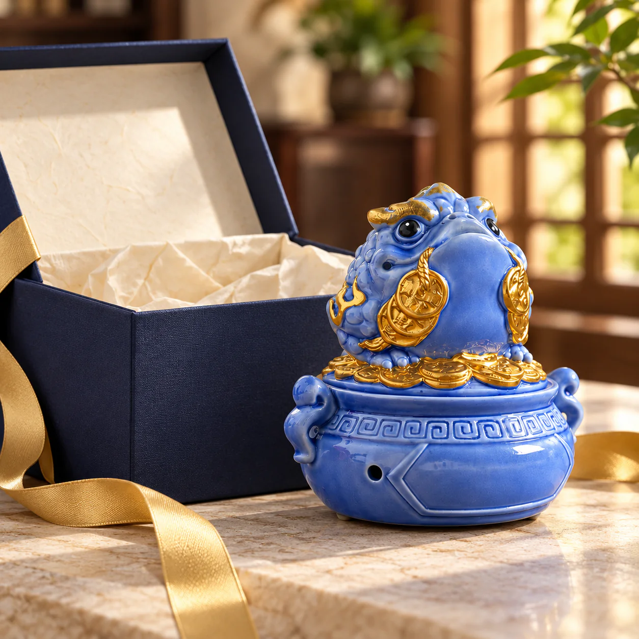 Three-Legged Toad Ceramic Coil Incense Burner presented in an unbranded gift box