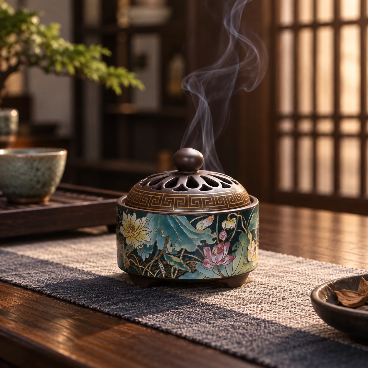 Cloisonne-Style Enamel Incense Burner in a calm tea-table setting