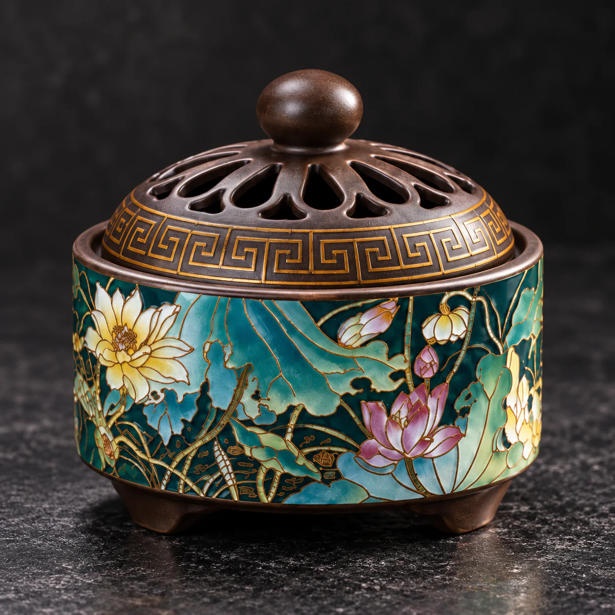 Cloisonne-Style Enamel Incense Burner showing floral enamel and bronze lid detail