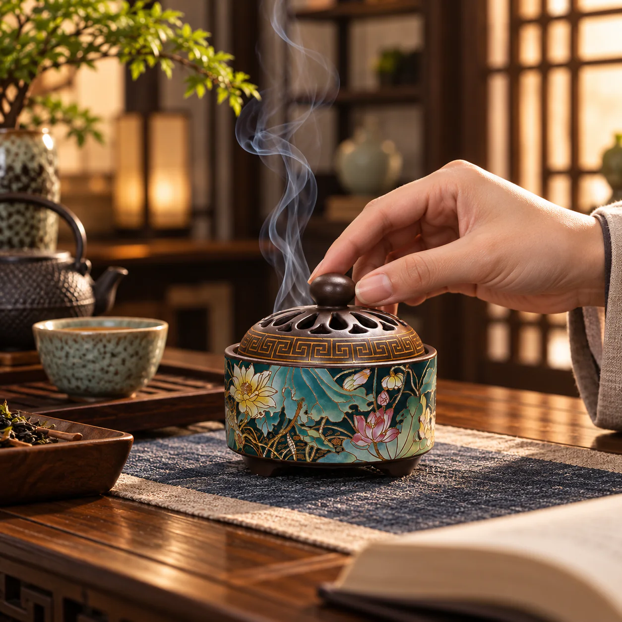Cloisonne-Style Enamel Incense Burner in a warm tea and reading ritual
