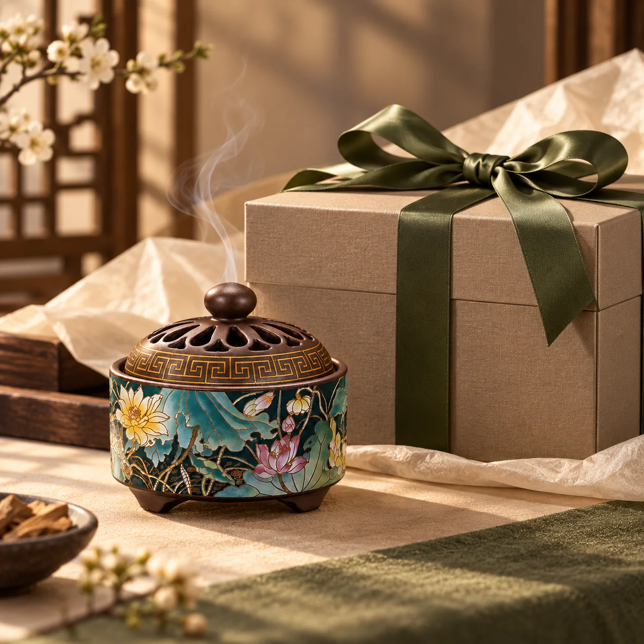 Cloisonne-Style Enamel Incense Burner presented with an elegant unbranded gift box