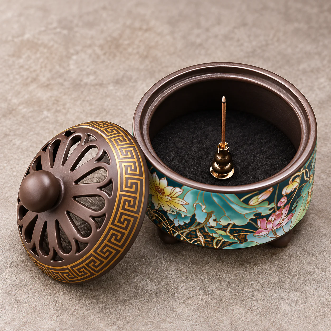 Cloisonne-Style Enamel Incense Burner showing the open interior and pierced lid construction