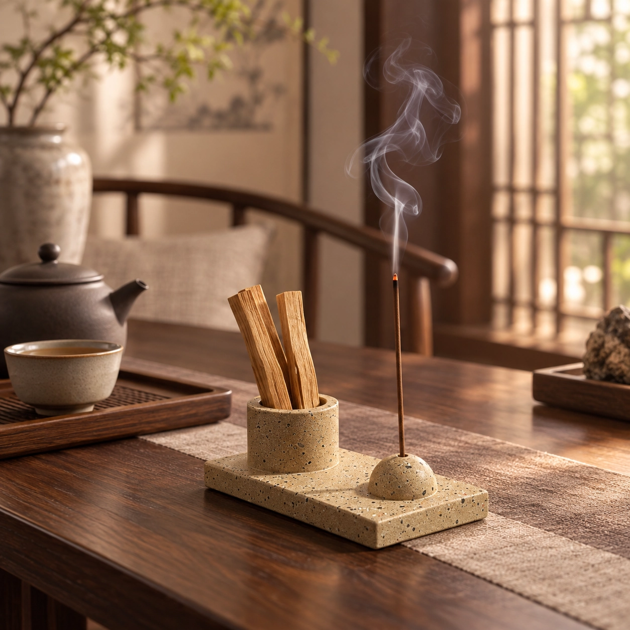 Wabi-Sabi Cement Multiuse Incense Holder in a calm tea-table setting