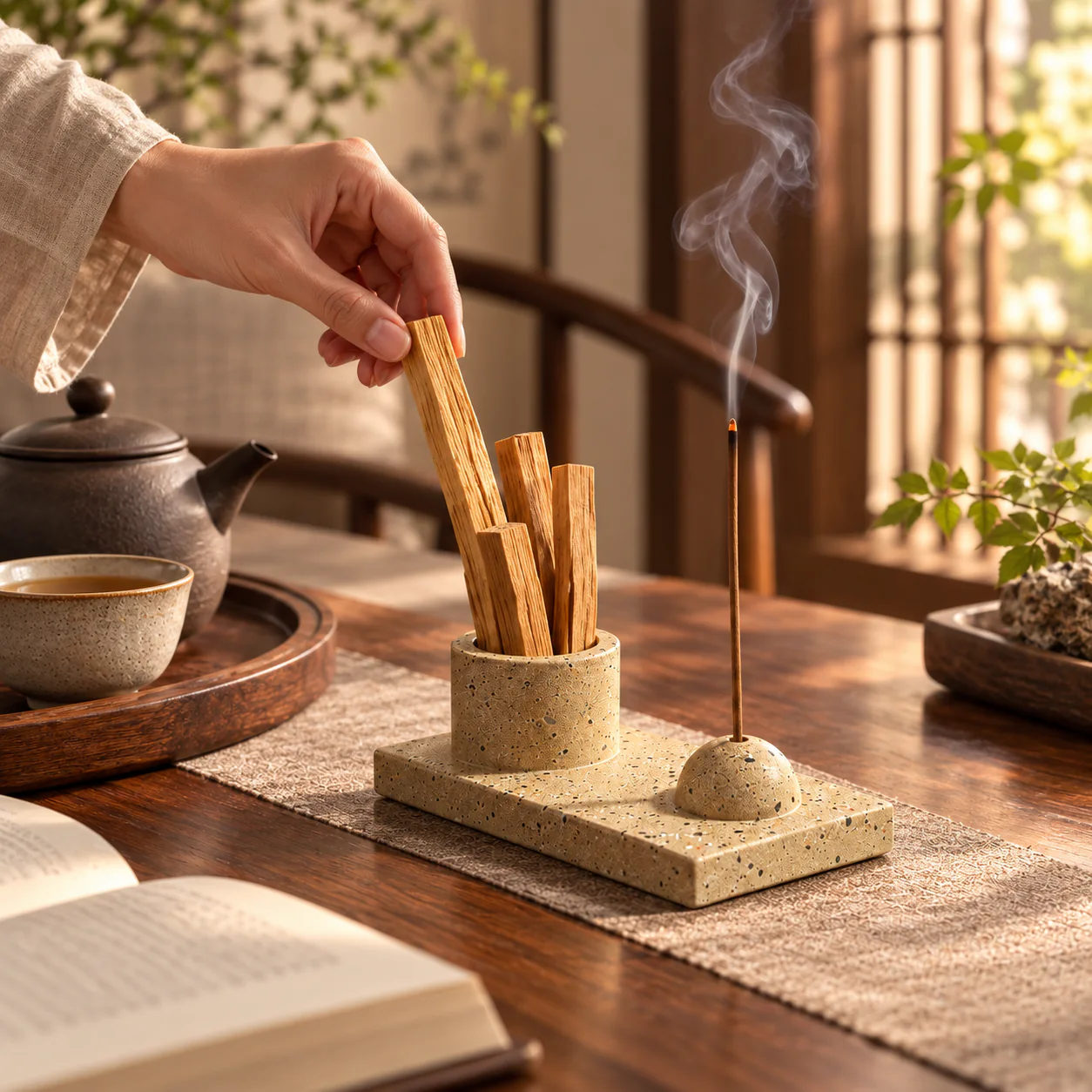 Wabi-Sabi Cement Multiuse Incense Holder in a tea and reading ritual