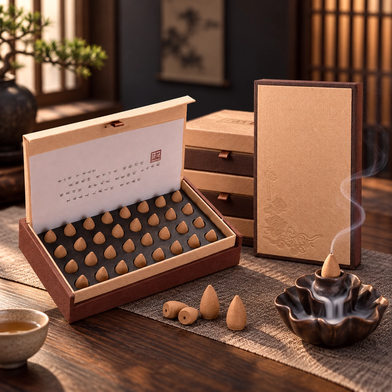 Natural aromatic cone incense in a calm tea-table setting