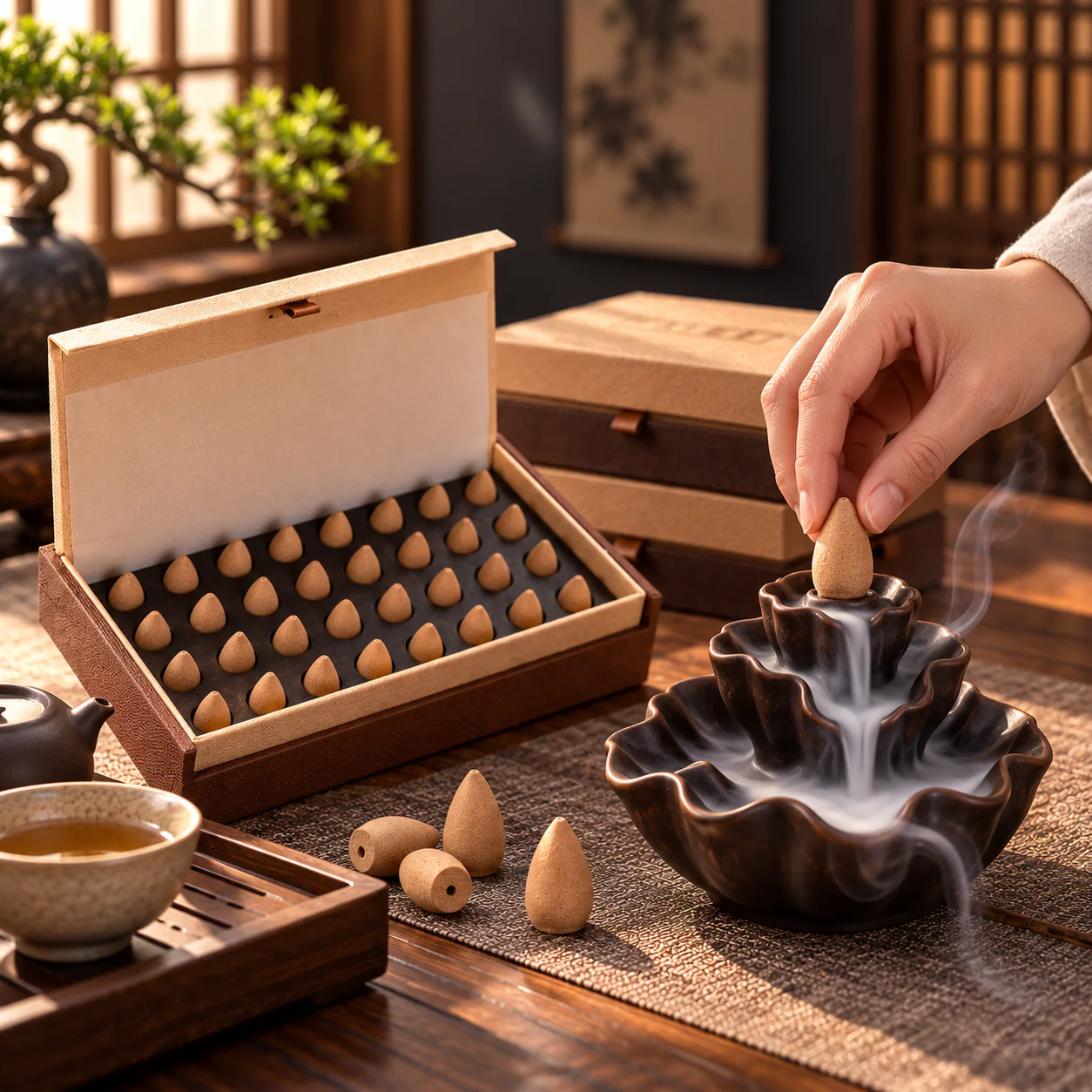 Aromatic cone incense burning on a heat-resistant incense holder
