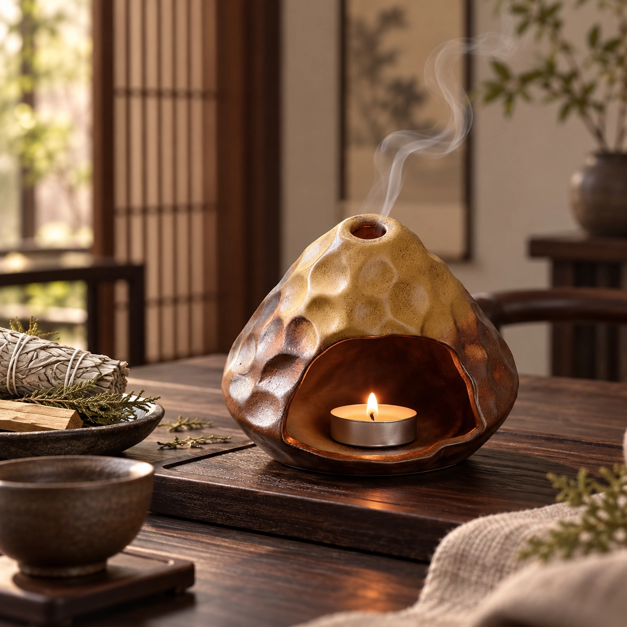 Ceramic Hearth Incense Burner in a calm tea-table setting
