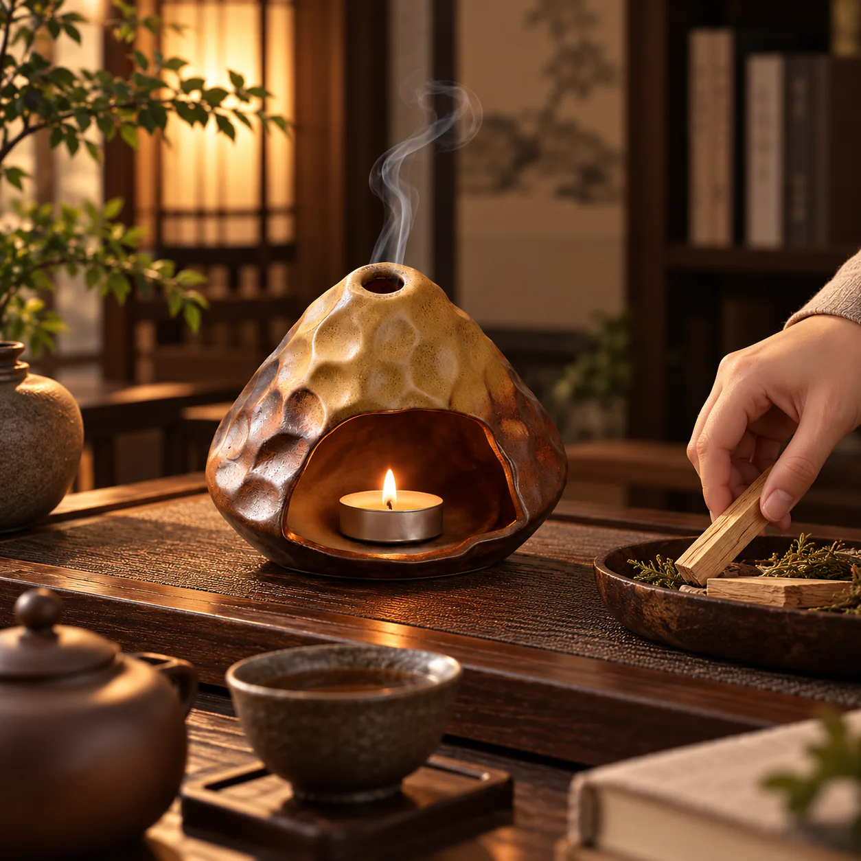 Ceramic Hearth Incense Burner creating a warm tea-table atmosphere
