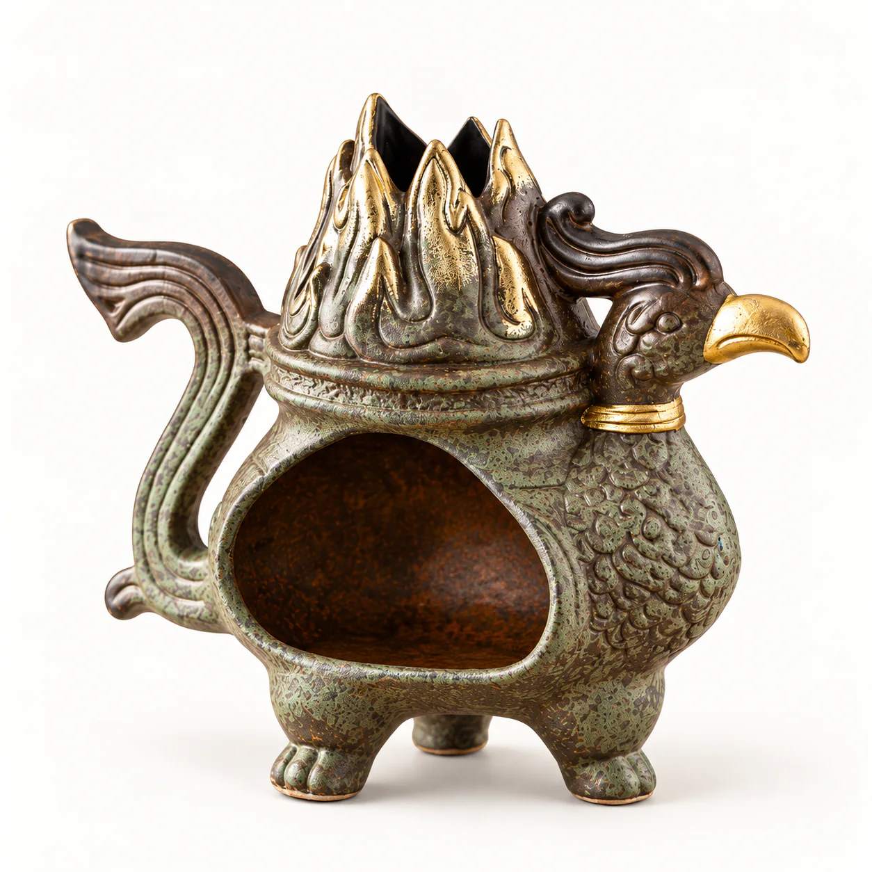 Sun Bird Bronze-Glaze Incense Burner on a clean warm-white background