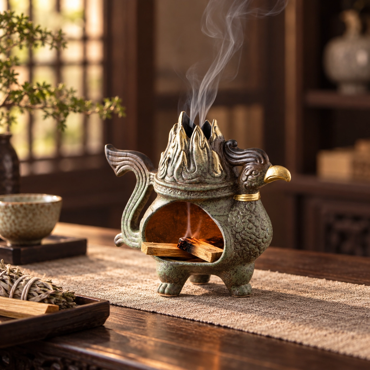 Sun Bird Bronze-Glaze Incense Burner in a calm tea-table setting