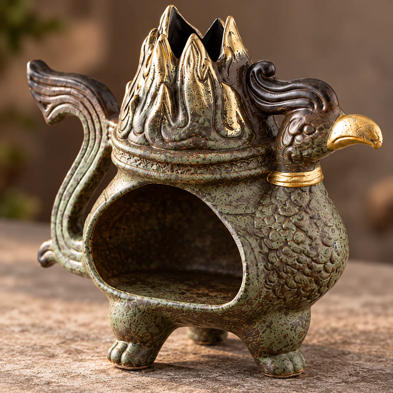 Sun Bird Bronze-Glaze Incense Burner showing antiqued feather texture and gold beak detail
