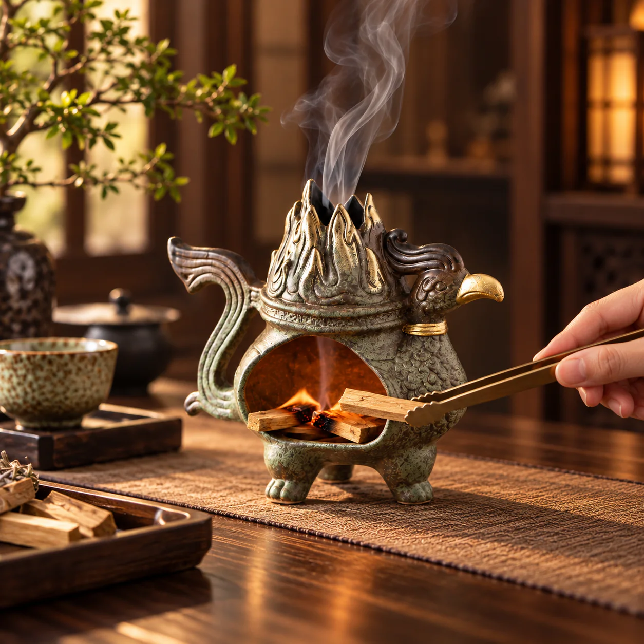 Sun Bird Bronze-Glaze Incense Burner creating a warm tea-table atmosphere
