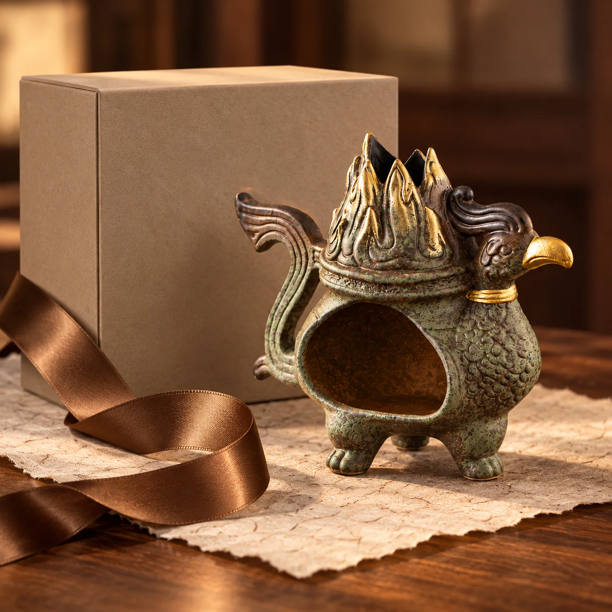 Sun Bird Bronze-Glaze Incense Burner presented with an unbranded gift box