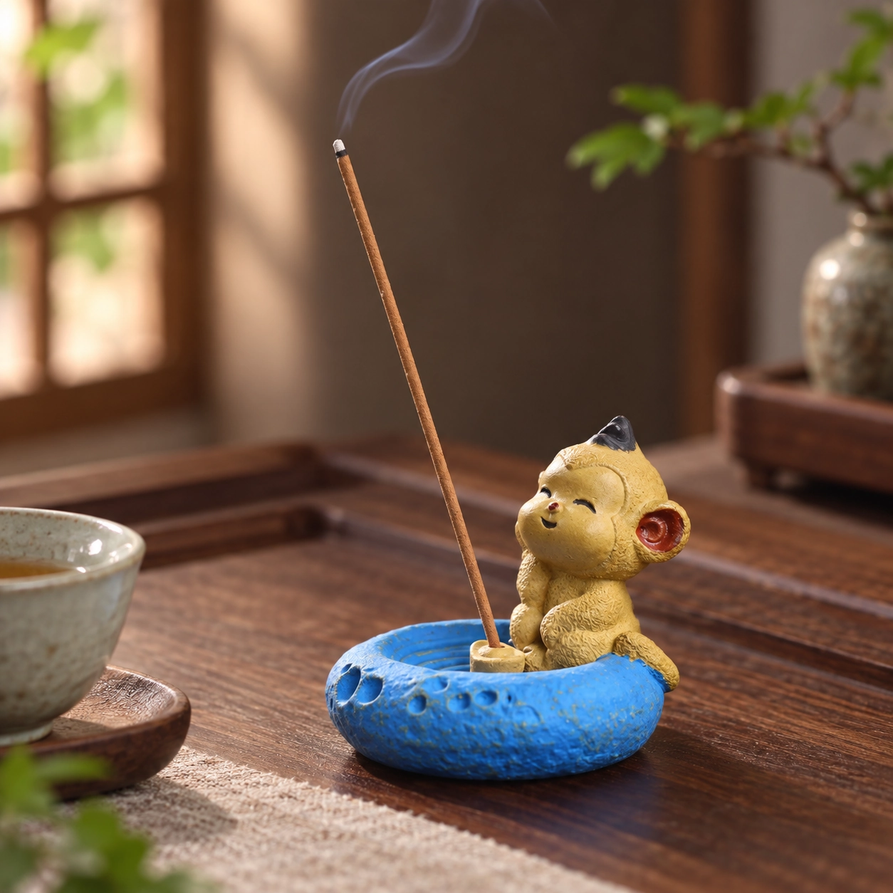 Zodiac Goat Yixing Clay Incense Holder in a calm tea-table setting