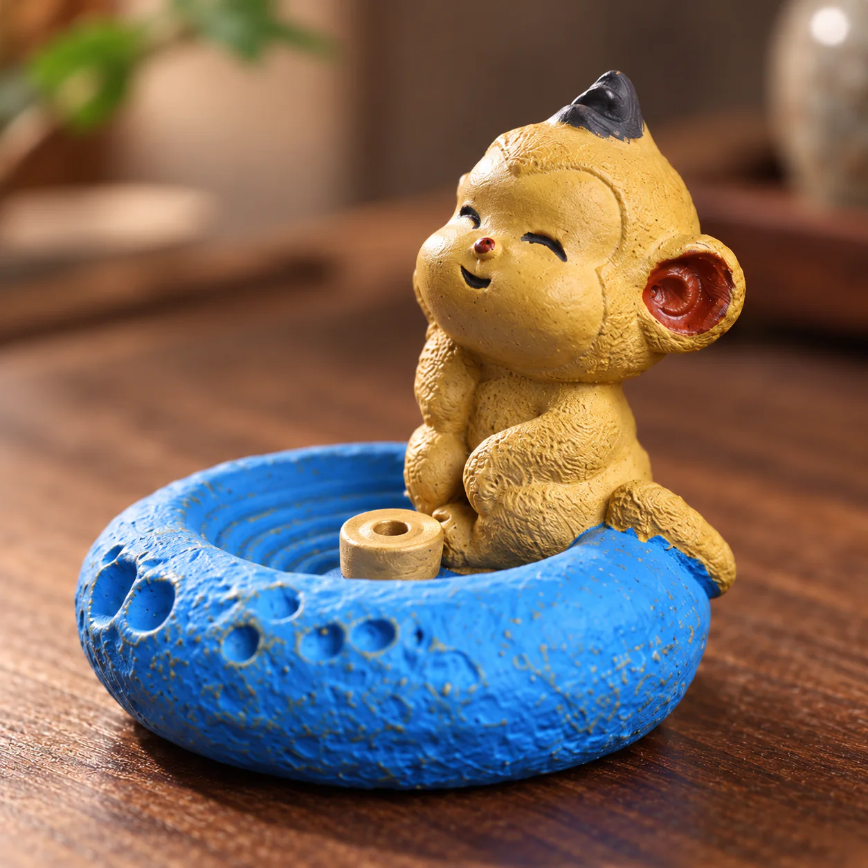 Zodiac Figurine Clay Incense Holder showing hand-finished texture and blue ash tray detail