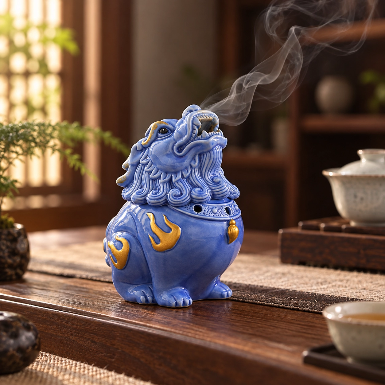 Celestial Guardian Ceramic Coil Incense Burner in a calm tea-table setting