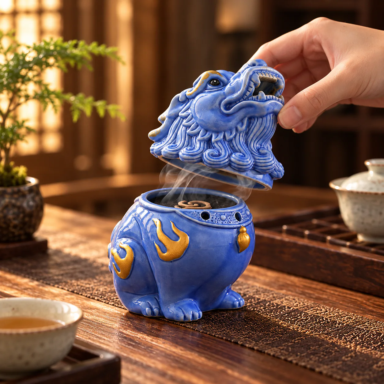Celestial Guardian Ceramic Coil Incense Burner shown with its removable sculpted lid