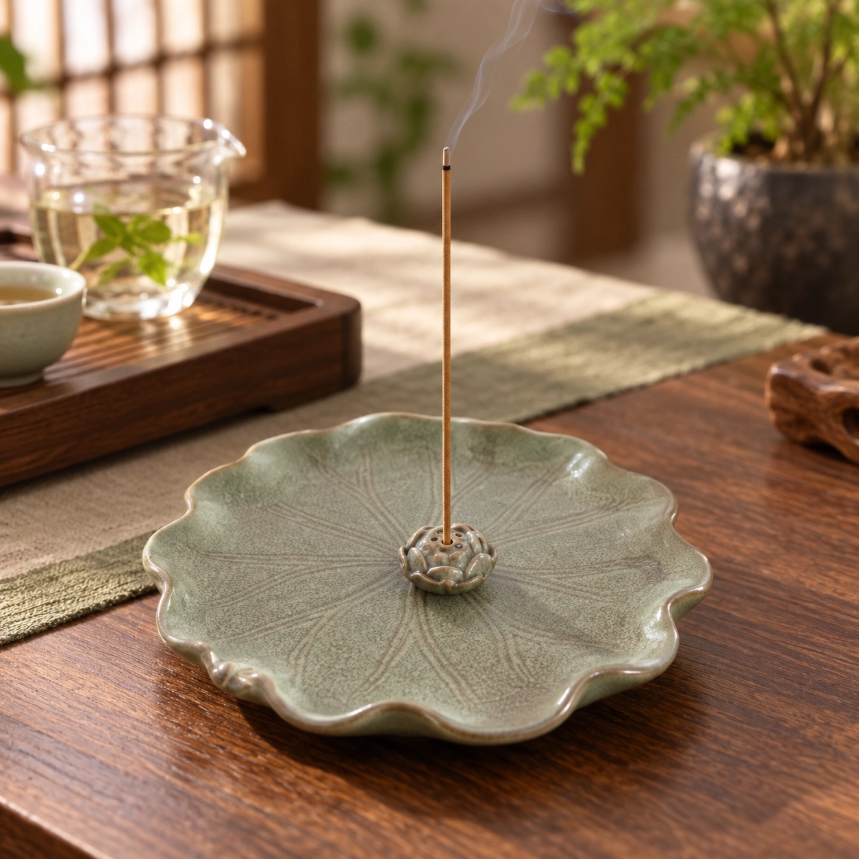 Vintage Lotus Ceramic Stick Incense Holder in a calm tea-table setting