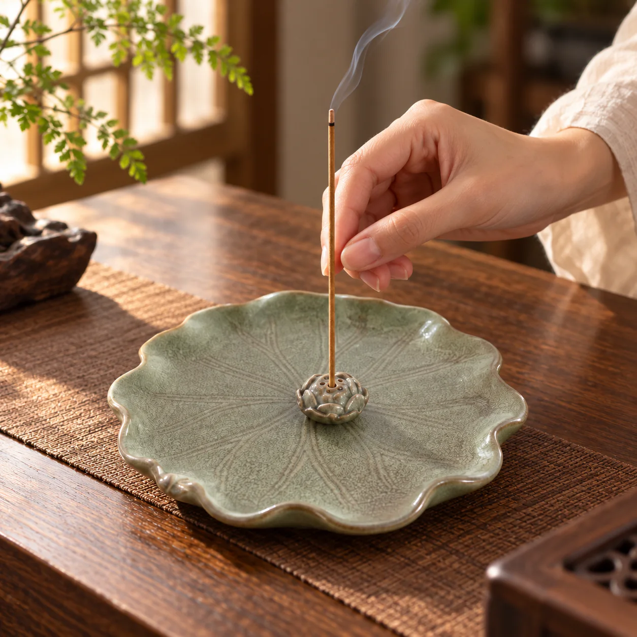 Vintage Lotus Ceramic Stick Incense Holder in use on a peaceful tea table