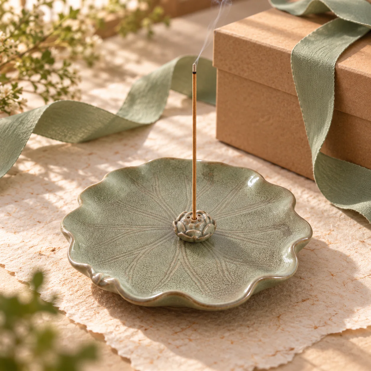 Vintage Lotus Ceramic Stick Incense Holder presented with an unbranded gift box