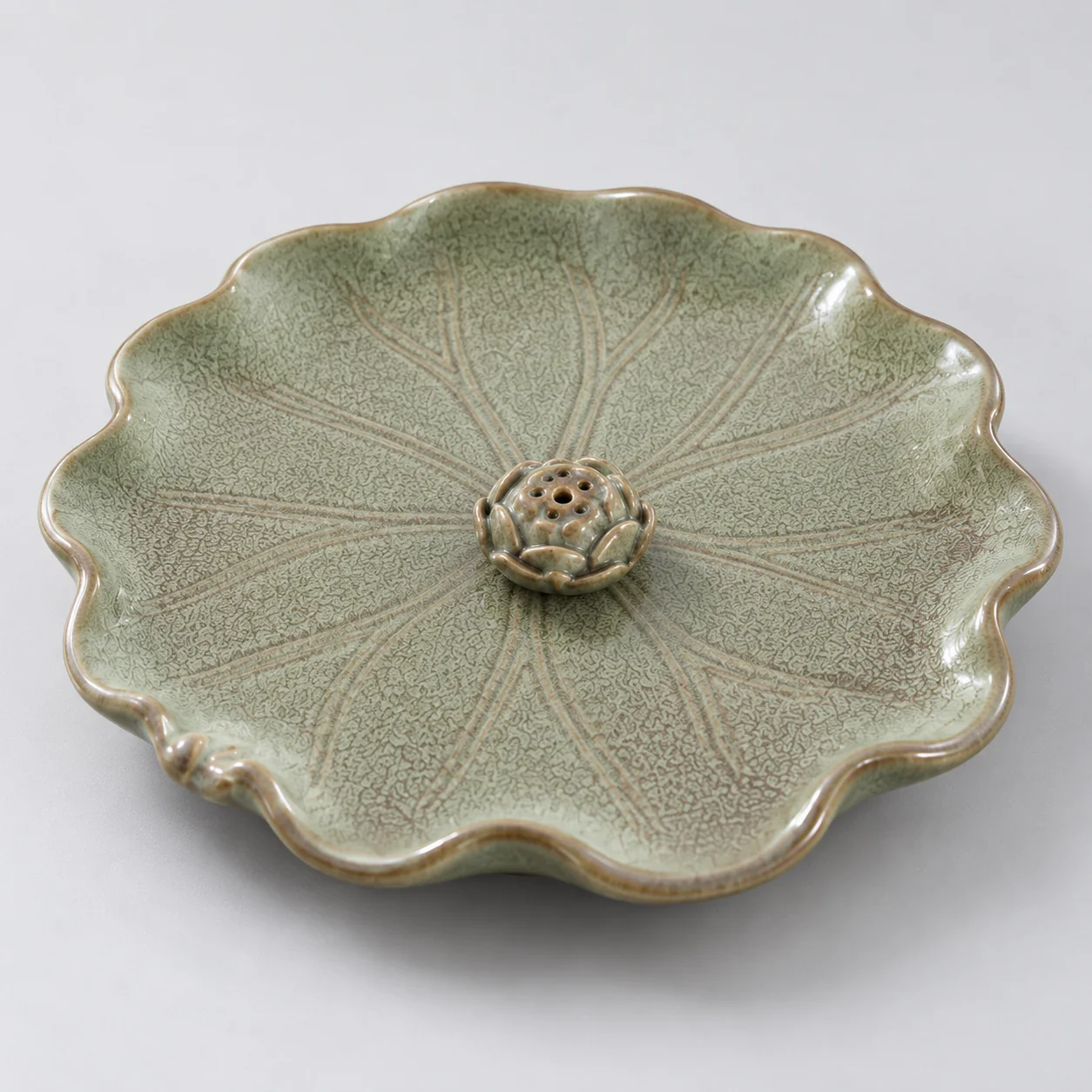 Vintage Lotus Ceramic Stick Incense Holder showing the ash-catching dish and lotus socket