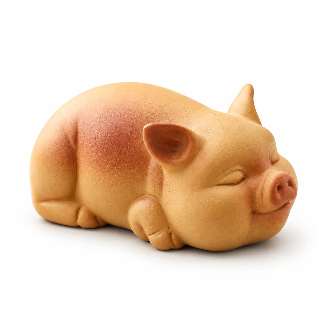 Handcrafted Purple Clay Pig Tea Ornament on a clean warm-white background