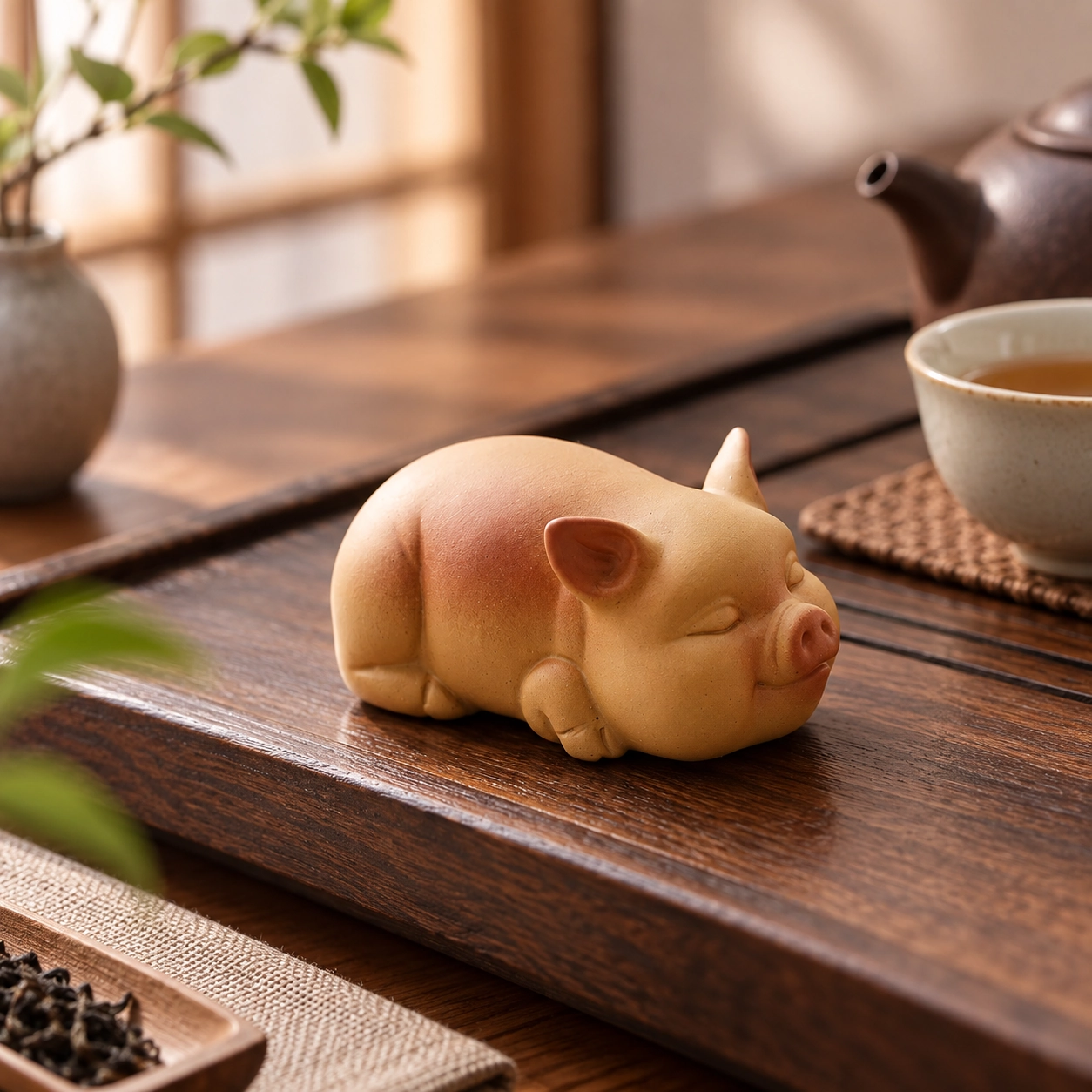 Handcrafted Purple Clay Pig Tea Ornament in a calm tea-table setting