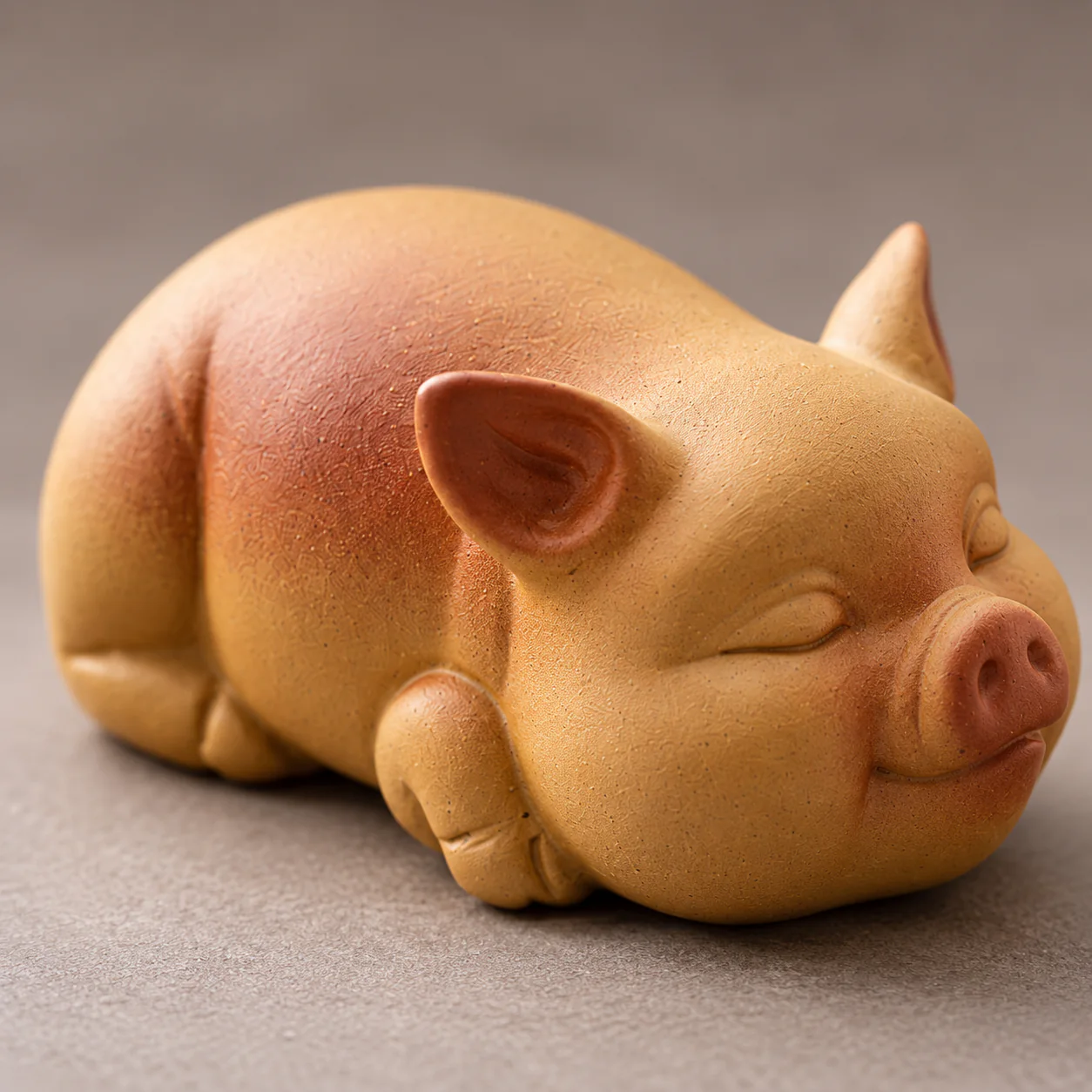 Handcrafted Purple Clay Pig Tea Ornament showing its sleeping expression and clay texture