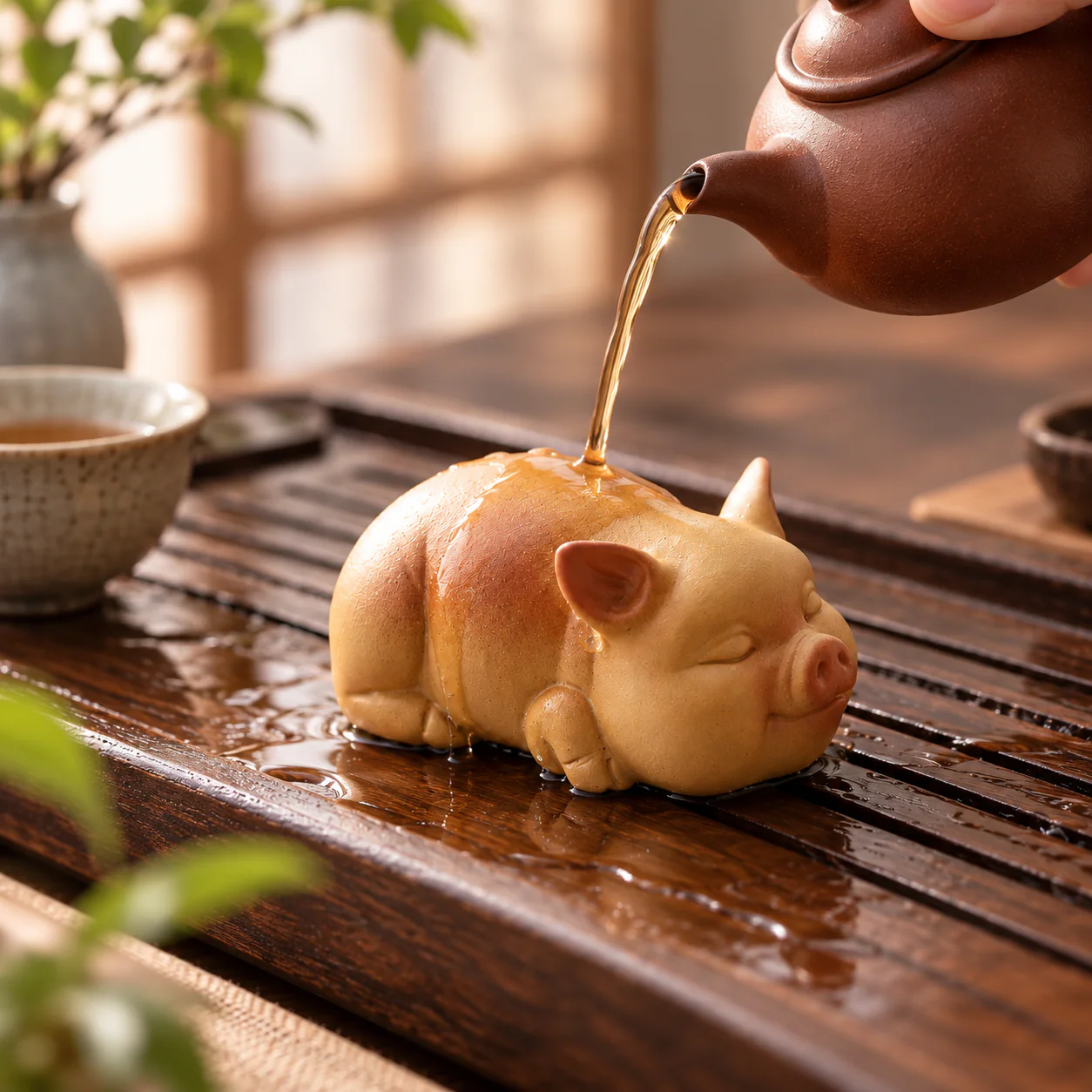 Handcrafted Purple Clay Pig Tea Ornament used as a tea pet on a gongfu tea tray