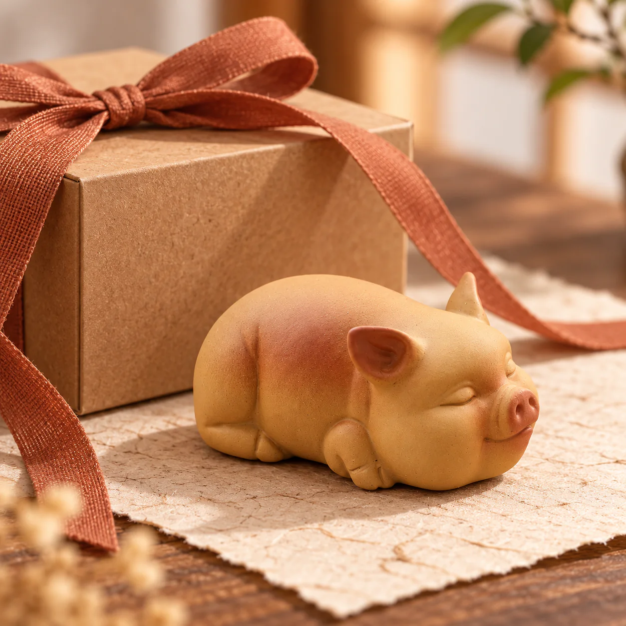 Handcrafted Purple Clay Pig Tea Ornament presented with an unbranded gift box