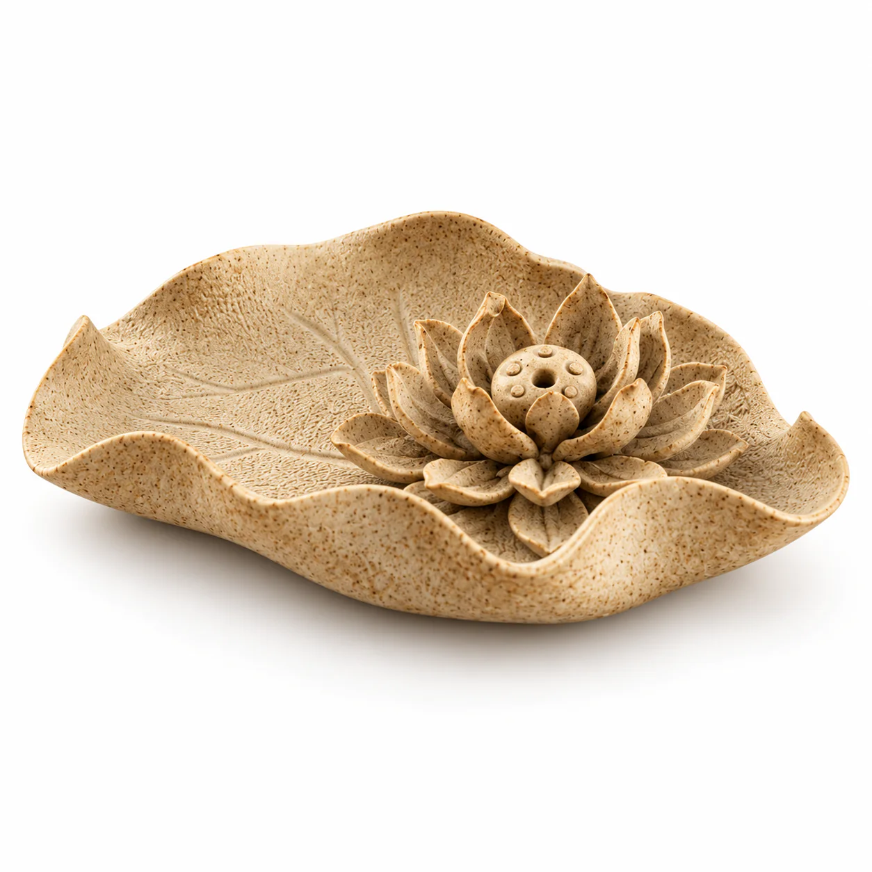 Rustic Lotus Earthenware Incense Holder on a clean warm-white background