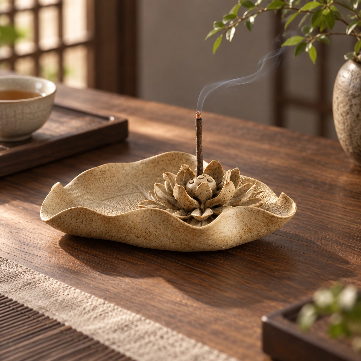 Rustic Lotus Earthenware Incense Holder in a calm tea-table setting