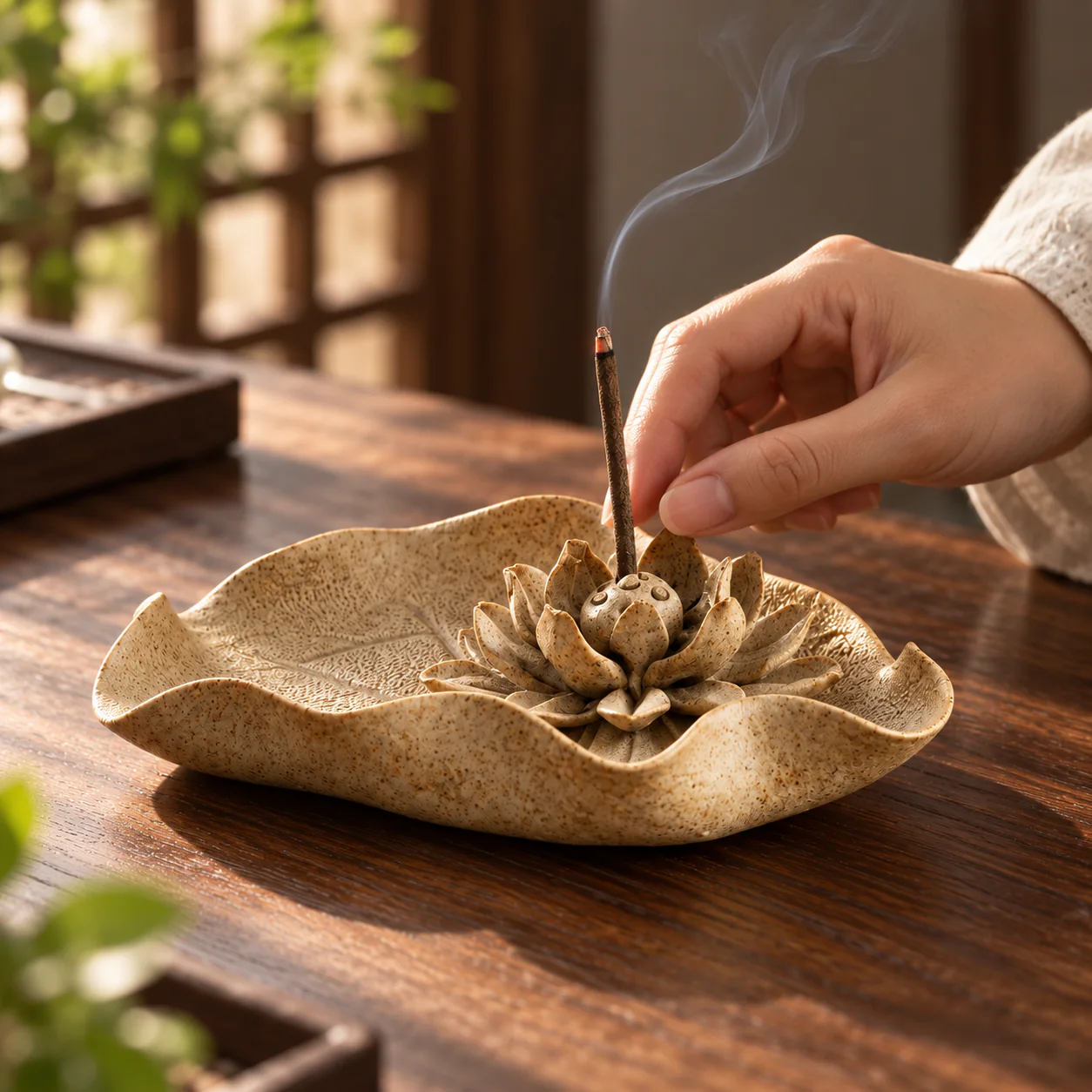Rustic Lotus Earthenware Incense Holder in use on a peaceful tea table
