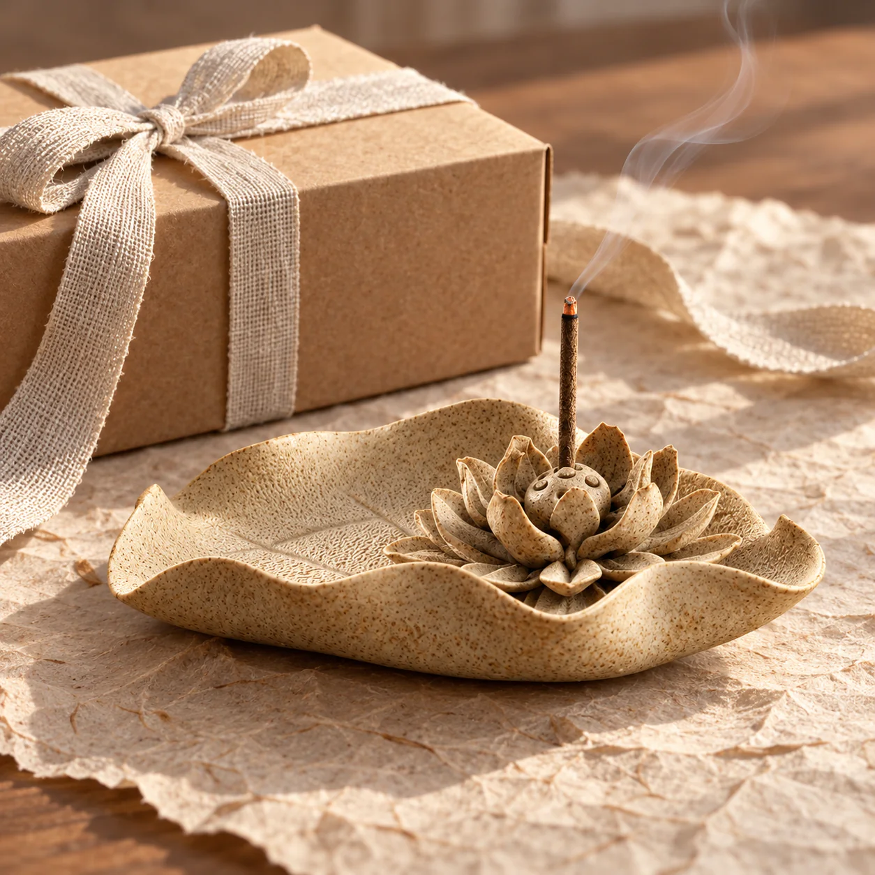 Rustic Lotus Earthenware Incense Holder presented with an unbranded gift box