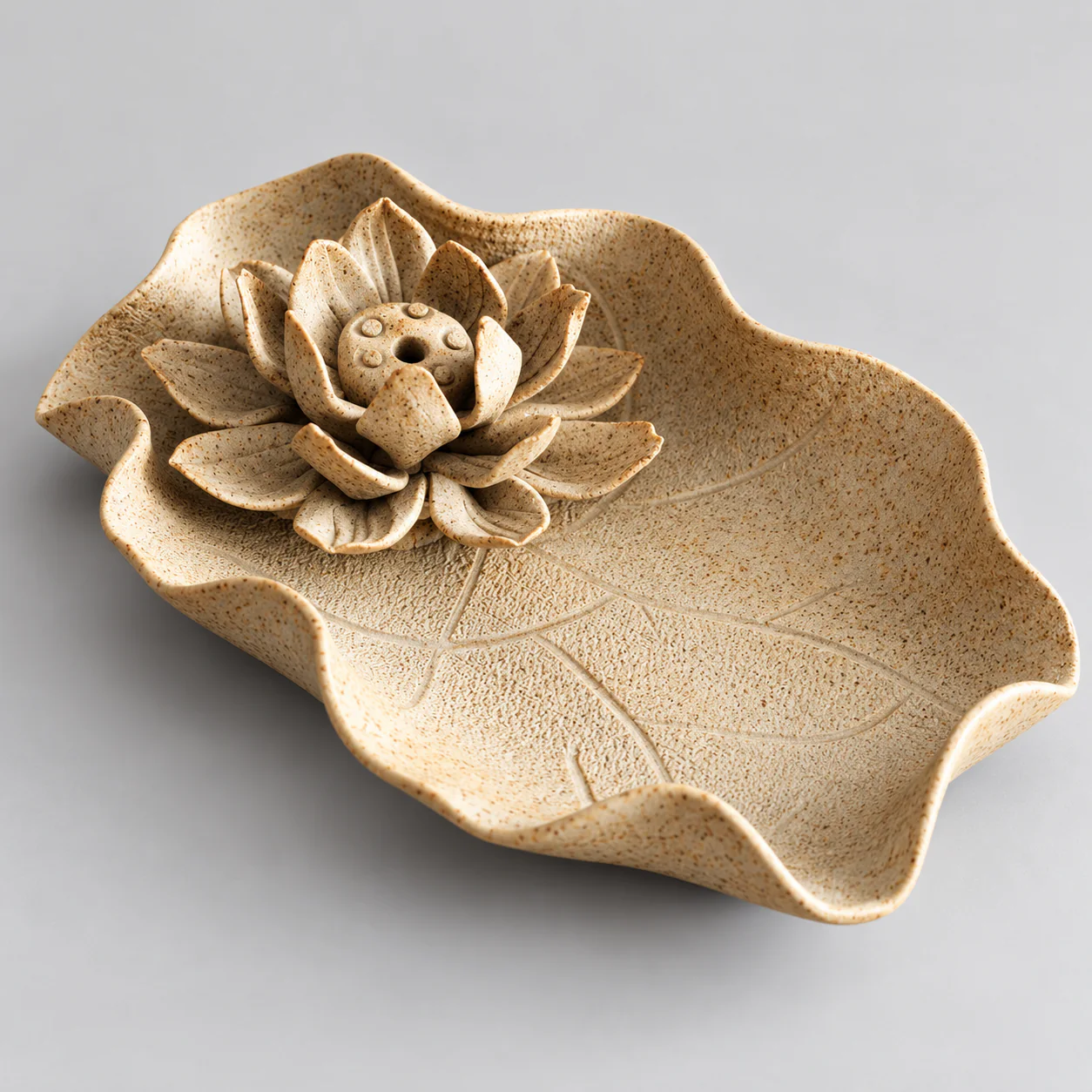 Rustic Lotus Earthenware Incense Holder showing leaf veins and ash-catching surface