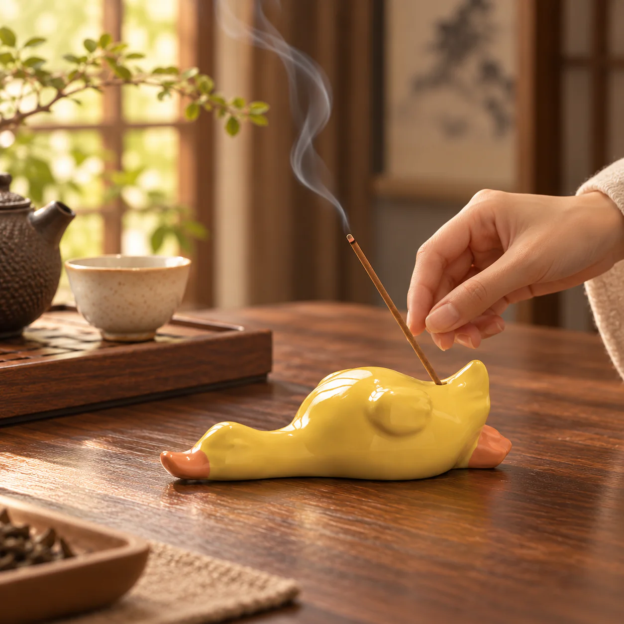 Playful Duck Ceramic Incense Holder in use on a peaceful tea table