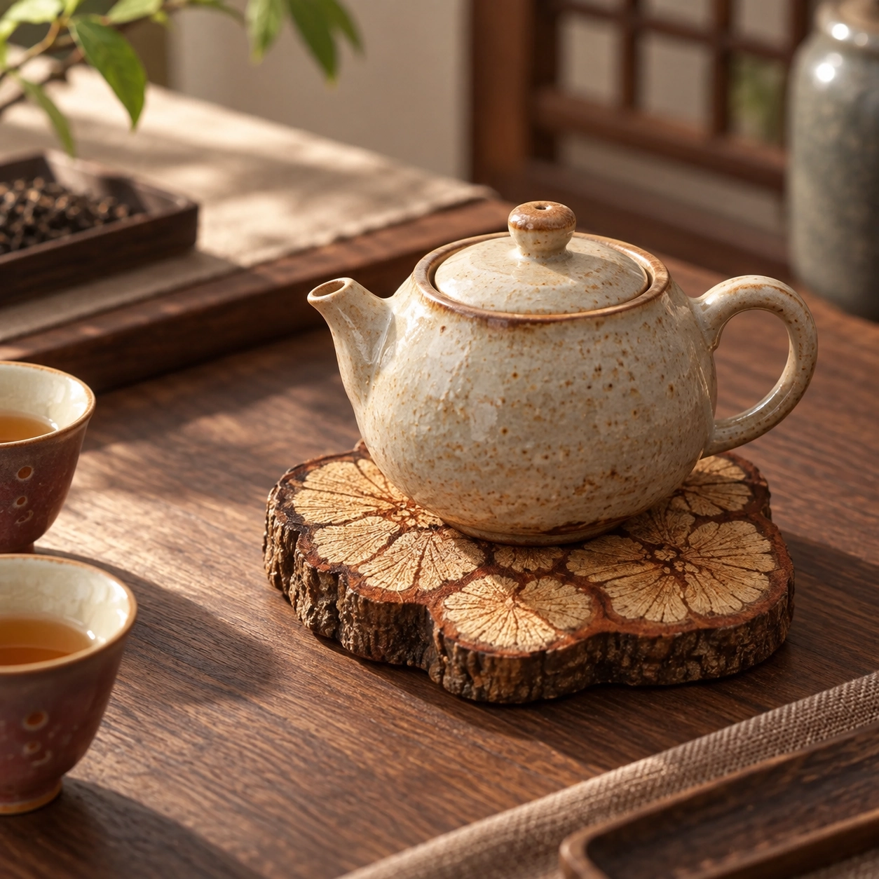 Natural Root Wood Teapot Mat in a calm tea-table setting