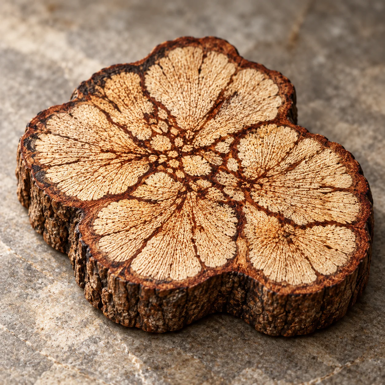 Natural Root Wood Teapot Mat showing floral end grain and natural bark edge