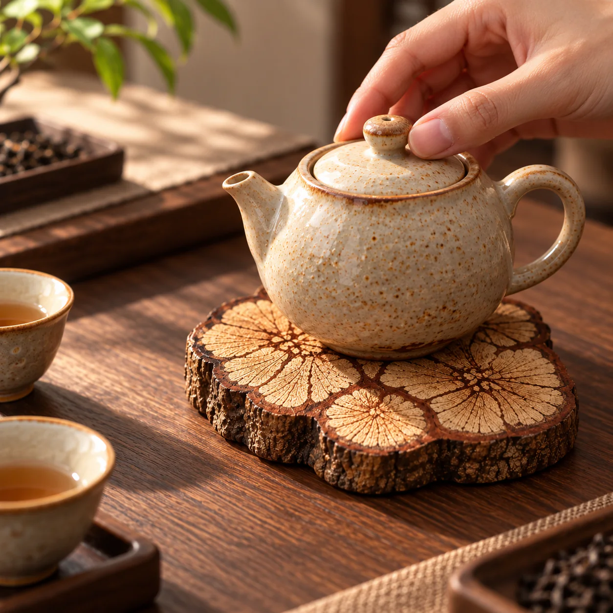 Natural Root Wood Teapot Mat supporting a teapot on a gongfu tea table