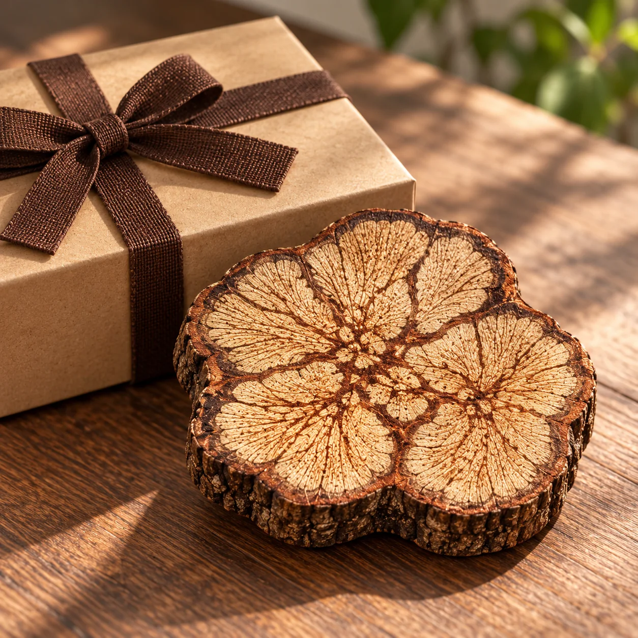 Natural Root Wood Teapot Mat presented with an unbranded gift box